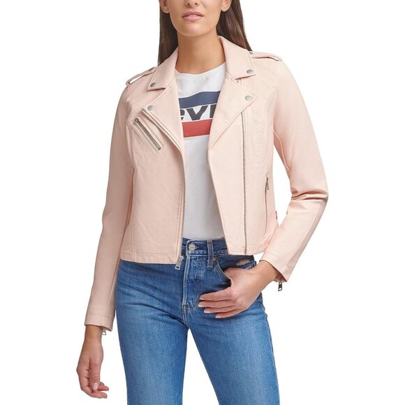 Women's The Classic Faux Leather Jacket Zipper Long Sleeve Scallop Shell Pink - Picture 5 of 5